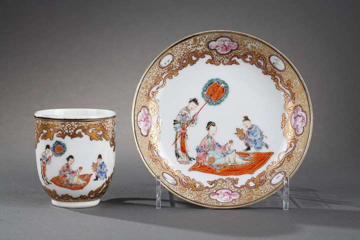 Cup with handle  and saucer Famille rose porcelain  finely decorated -with lady court taking the tea